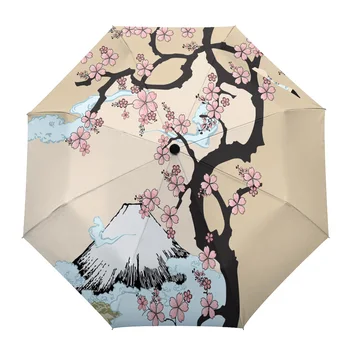 Gėlių, Medžių, Augalų Ir Vyšnių Medžio Modelio Kūrybos Skėtis Nuo Lietaus Moterų Automatinė Tris Lankstymo Skėčiai Nuo Lietaus Ir Vėjo Skėtis Parapluie