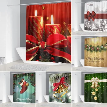 Apšviesta Kalėdų Audinio Dušo Užuolaidos Spausdinti Laimingų Naujųjų Metų Bell Juostelės Kojinių Modelį, Vonios Uždanga Apdailos Vonios kambarys