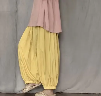 2019 m. Vasarą, Geltona Kaftan Pločio Kojų Kelnės moteriškos Kelnės Atsitiktinis Plisuotos Ilgai Pantalon Palazzo Moteris Elastinga Juosmens Kelnes Ropė