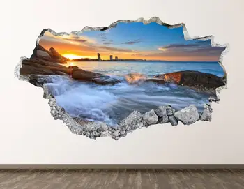 Paplūdimys Saulėtekio Sienos Lipdukas - Vandenyno 3D Sutriuškino Sienos Menas, Lipdukas Vaikams Dekoras Vinilo Freskos Plakatas Užsakymą Dovana KD389
