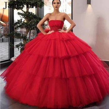 JaneVini 2020 Elegantiškas Princesė Raudona Pakopinis Sijonas Arabų Quinceanera Suknelės Kamuolys Suknelė Stebėjimo Appliques Zawalcowany Reljefiniai Prom Chalatai