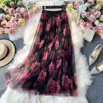 Derliaus spausdinti Gėlių sijonas moterų elastinga juosmens Akių sijonas 2021 m. Pavasarį aukšto juosmens klostuotas sijonas-line ilgi sijonai Šalis