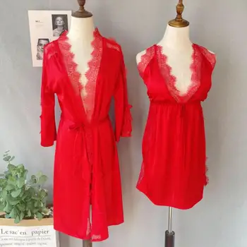 Raudonos Nėrinių Satino Kratinys 2vnt Kimono Skraiste Nustatyti Perspektyvos Nėrinių Sleepwear Namų Drabužių Intymus apatinis Trikotažas Atsitiktinis Chalatas Gwon