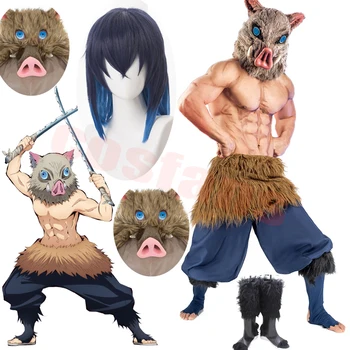 Anime Demon Slayer Kimetsu nr. Yaiba Hashibira Inosuke Cosplay Kostiumų Kelnės Kiaulių Silikono Kaukė Helovinas drabužius, Batus, perukai, kostiumai