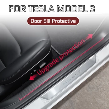 Automobilių 4pcs/set PU Odos Priekiniai ir Galiniai Durų Slenksčio Apsaugos Imitacija Anglies Pluošto Lipdukai Tesla model 3 2017 m. 2018 m. 2019 m.