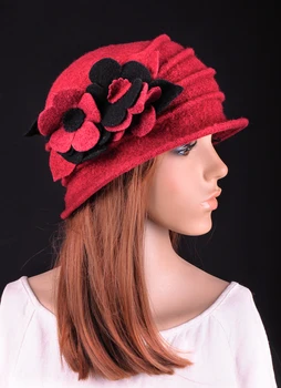 M549 Raudona Elegantiškas Vilnos, Akrilo Mielas 2-Tonas Gėlių Raukšlių Moterų Žiemos Skrybėlę Kepuraitė Cloche Bžūp