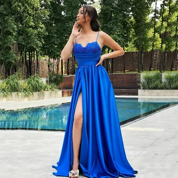 Elegantiškas Royal Blue Spageti Oficialų Vakarinę Suknelę Aukštos Ritininės Grindų Ilgis Prom Šalies Chalatai Su Duobute Appliques Linijos Suknelės