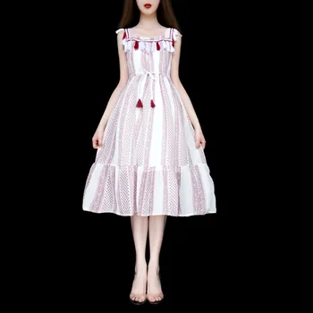 Vasaros etninės stiliaus, siuvinėtų spausdinti suknelė su kutais moterų šifono aukšto juosmens spausdinimo viktorijos suknelė kawaii girl gotikos