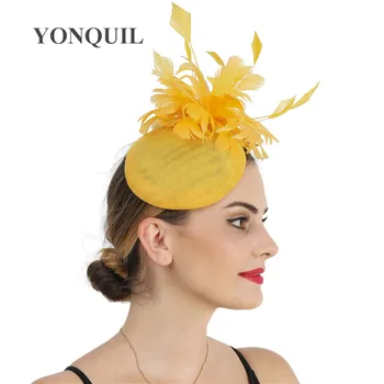 Elegantiškas Ponios Geltona Plaukų Fasciantor Vestuvių Skrybėlę Su Staigius Išgalvotas Plunksnų Gėlių Galvos Apdangalai, Akių, Plaukų Aksesuarai, Šaliai, Fedora