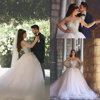 Nauji Ilgi Vien Rankovėmis Kristalai Kamuolys Suknelė Vestuvių Suknelės Iliuzija Viršuje Duobute Perlai Plius Dydis Arabų Motinystės Vestuvių Suknelės
