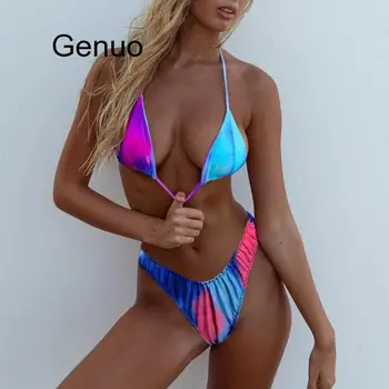Ponios Sexy Ruches Trikampis Mėlynos Ir Rožinės spalvos Kaklaraištis Dažų Bikini Vasaros Paplūdimys Atostogų maudymosi kostiumėlį, Aukštos kokybės maudymosi Kostiumėliai, KARŠTO