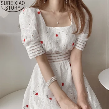 2022 Trumpas Rankovės Gėlių Siuvinėjimas Suknelė Korėjos Elegantiškos Baltos Spalvos Nėrinių Prom Šalis Suknelė Moterims Tuščiaviduriai Iš Vasaros Suknelės Vestidos 14394