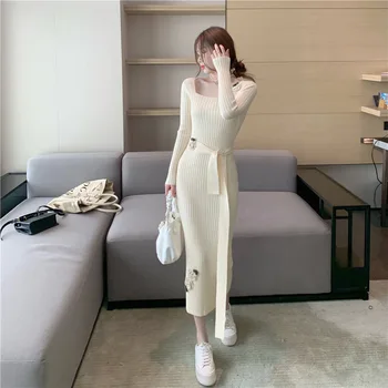 Moteris, Seksualus, Elegantiškas Megztiniai Suknelė Korėjos Balta Homewear Plonas Korpusas Suknelės Push Up Klubo Streetwear Gėlių Megzti Bodycon Ilgai Skraiste