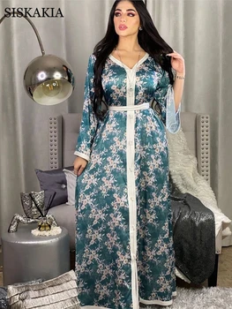 Siskakia Saldus Gėlių arabų Ilga Suknelė Moterims Mados Juostelės Apdaila V Kaklo Visą Rankovės Jalabiya Musulmonų Naujas Dubajus Abaja Rožinė
