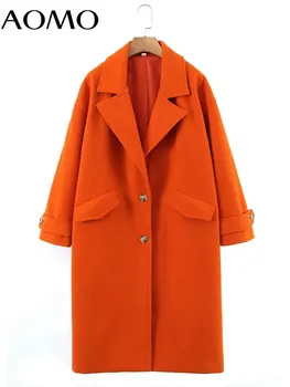 AOMO 2022 Moterų Orange Žiemos Vilnoniai Paltai Derliaus Ilgos Rankovės Atvartu Kišenės Moterų Viršutiniai drabužiai SL42A