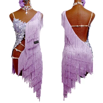 Lotynų Šokių Suknelė Moterims Seksualus Tuščiaviduriai kalnų krištolas Kostiumas Violetinė Pakraštyje Suknelė lotynų Konkurencijos Drabužius Cha Cha, Samba BL6888