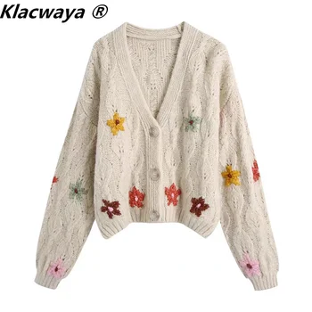 Klacwaya Megztinis Moterims megztiniai moterims, 2021 m. derlius V-Kaklo, Mygtuką žemyn susagstomi megztiniai ilgomis Rankovėmis Viršuje Gėlių Džemperis Moterims Kailis