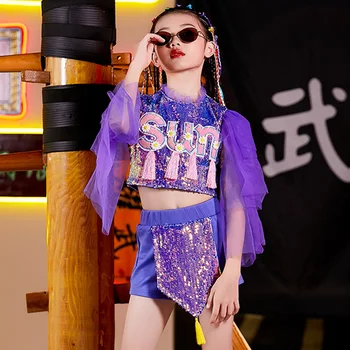 Mergina Džiazo Šokio Kostiumas Vaikams Violetinė China Hip-Hop Šokių Spektaklis Apranga Cheerleader Drabužius Šiuolaikinių Scenos Dėvėti DNV13432