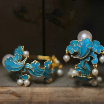 Originalus naujas sidabro, mėlyna emalį Xiangyun inkrustacijos auskarai moterims klasikine Rafinuotą stilių vestuvių papuošalai