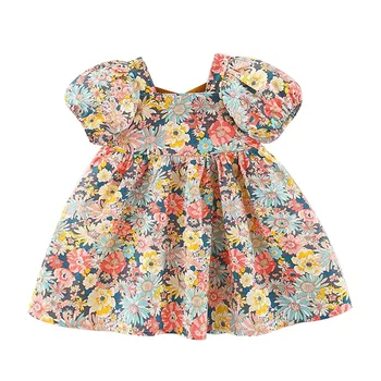Vasaros Komplektus Naujagimių Drabužiai korėjos Cute Baby Girl Gėlių Suknelė trumpomis Rankovėmis Medvilnės Princess Beach Bamblys Suknelės BC2162-1