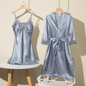 [Su krūtinės mygtukai] pižama moterų vasaros ledo šilko pižamą seksualus dviejų dalių nightdress petnešos pavasarį ir rudenį šilko chalatą