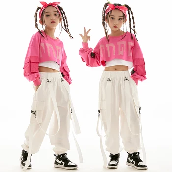Kpop Vaikams Hip Hop Šokių Drabužius Mergaitėms Rožinė Apkarpyti Viršūnes Purus Baltas Kelnes moderniojo Džiazo Veiklos Kostiumas Rave Apranga BL9560