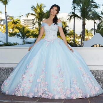 Šviesiai Mėlyna Princesė Quinceanera Suknelę Saldus 16 Kamuolys Suknelė 2022 Appliques Karoliukai 3D Gėlės Backless Šalis, Vestidos De 15 Años