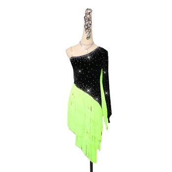 Lotynų Šokių Suknelė Moterims Juoda Žalia Seksualus Blizgiu Cirkonio Konkurencijos Veiksmingumo Praktikos Dėvėti Sukneles Salsa Šokių Suknelė